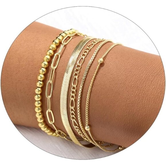 Gold Bracelet Set for Women Beaded Layered Link Herringbone Adjustable Jewelry - Picture 1 of 7
